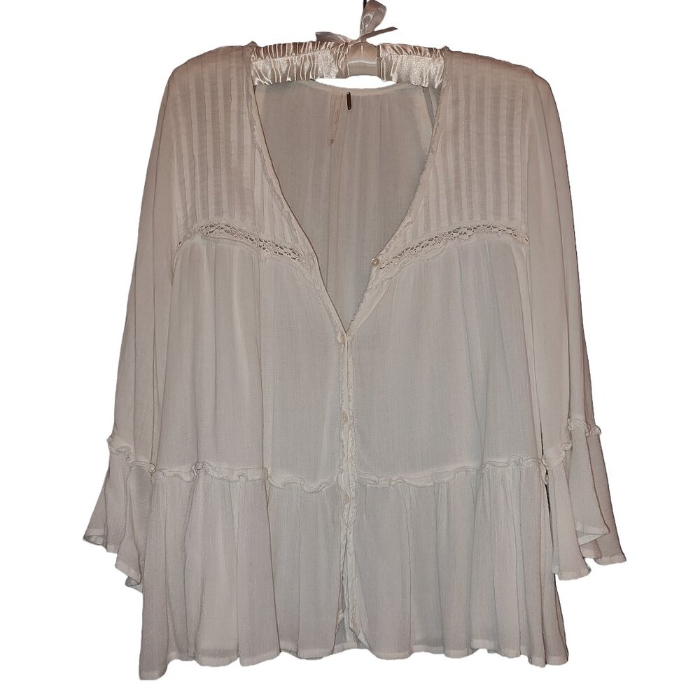 Free People White Boho Shear Top with 3/4 Sleeves